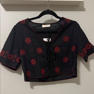 Bombay Paisley Black Cotton Tie Front Top with Red Embroidery